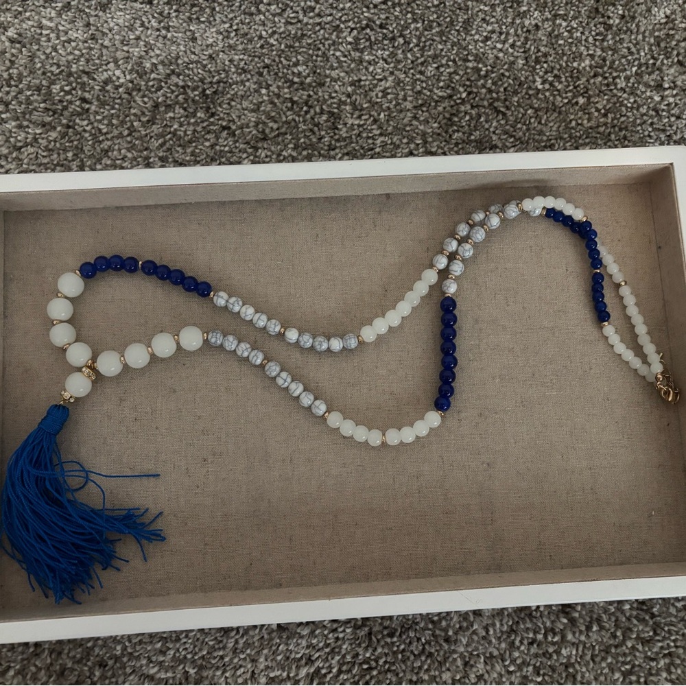Blue and White Beaded Necklace with Tassel